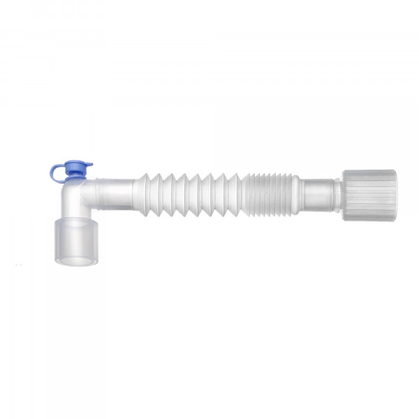 Length: 15 cm. Patient connector: angled double swivel with capnography port 22M/15F M15/F22. Machine-side connector: 22F